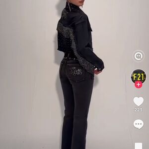 Forever 21 Bratz Flare Jeans 28 Black Y2K Rhinestone Embellished Logo Low Rise